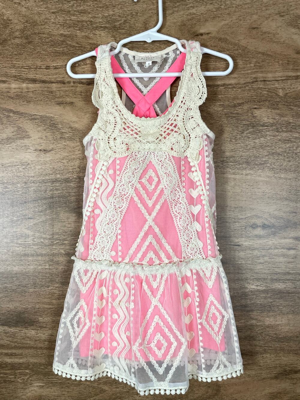 Hannah Banana Girls Dress Size 5 Pink Lace Overlay Boho Racerback Sleeveless